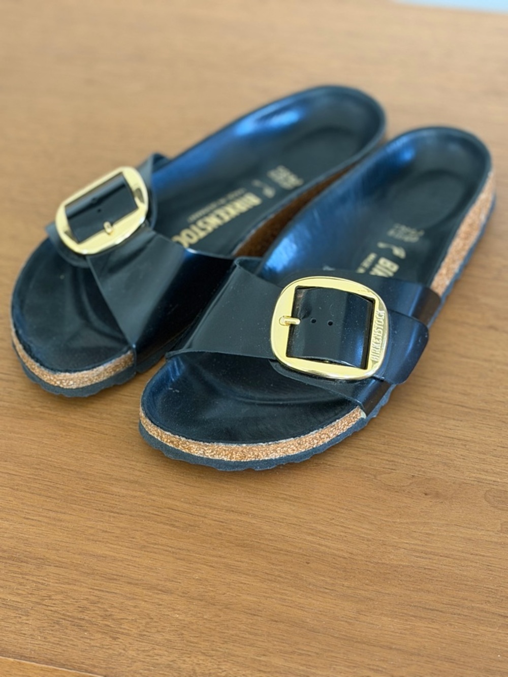 Birkenstock Black Patent Madrid Sandals with Gold Buckles